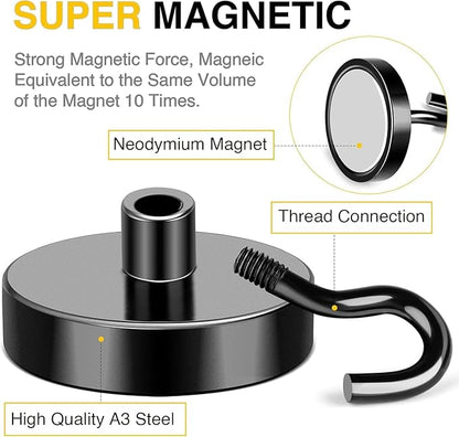 DIYMAG Black Magnetic Hooks, 170 LB Heavy Duty Strong Magnets with Hooks Rare Earth Neodymium Fridge Magnet for Grill Hanging Cruise Cabins Ship Essentials 12 Packs