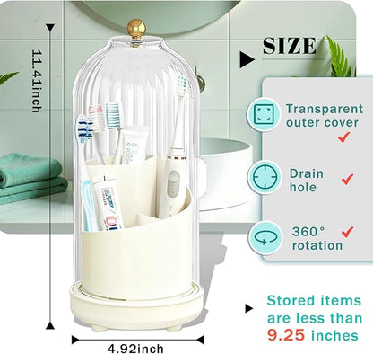 Multifunctional Rotating Toothbrush Holders with Sliding Lid and Draining Tray, 3-Slot Bathroom Countertop Vanity Organizer for Tooth Brush, Toothpaste, and Makeup Brushes Holder Storage (White)