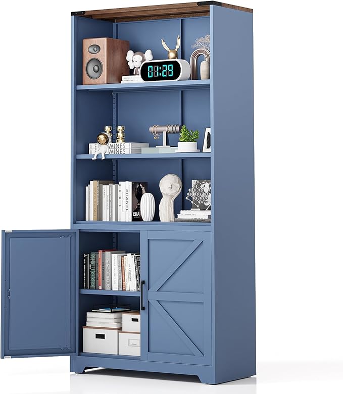 VINGLI Blue Bookcase with Doors and Adjustable Shelves, Steel 70" Tall Bookshelf Display Cabinet, 6-Tier Tall Farmhouse Metal Storage Cabinet for Study, Living Room, Home Office, Kitchen Pantry