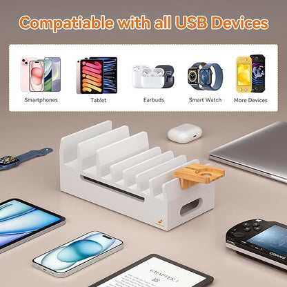 Pezin & Hulin Bamboo Charging Station with Watch Stand, Docking Holder for Multi Device with 5 Charge Cables, Desktop Dock Stations Electronic Organizer for Cellphone, Tablet, Watch-White