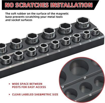 Magnetic Socket Organizer Holder Set – 3-Piece Tool Organizers Including 1/4", 3/8" and 1/2" Drive Socket Holder Metric 68 Pieces Socket Trays (Sockets are not Included) Black