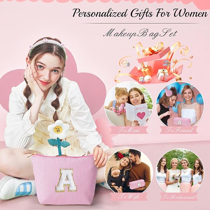 YOOLIFE Mothers Day Gifts for Women Girls- Pink Preppy Makeup Bag Best Friend Birthday Gifts Graduation Teacher Gifts Wedding Gifts Bridesmaid Gifts Daughter Teacher Wife Gifts Teen Girl Gifts M