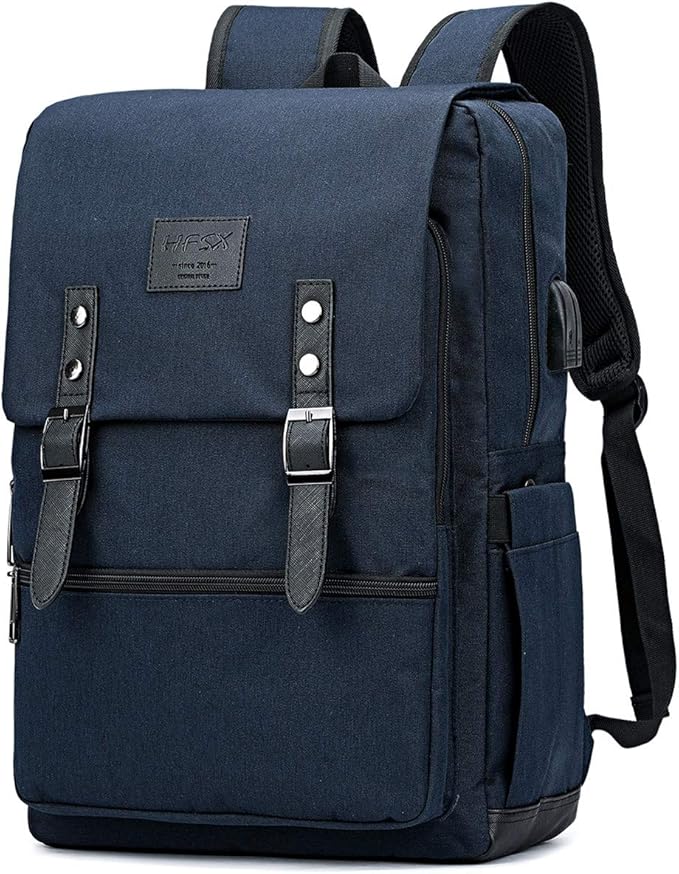 HFSX Anti Theft Laptop Backpack Men Women Business Travel Computer Backpack College Bookbag Stylish Water Resistant Vintage Backpack with USB Port Fits 15.6 Inch Laptop Blue