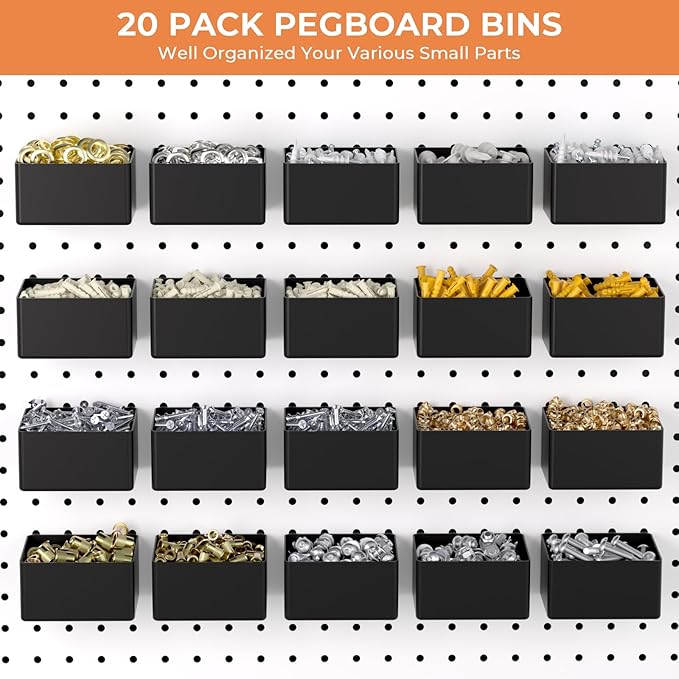 INCLY 320PCS Pegboard Accessories Organizer Kit, Peg Board Hooks Assortment with 20PCS Bins for Organizing Various Tools, Fit 1/8 or 1/4 inch Pegboard for Hanging Storage, Garage Wall Attachments