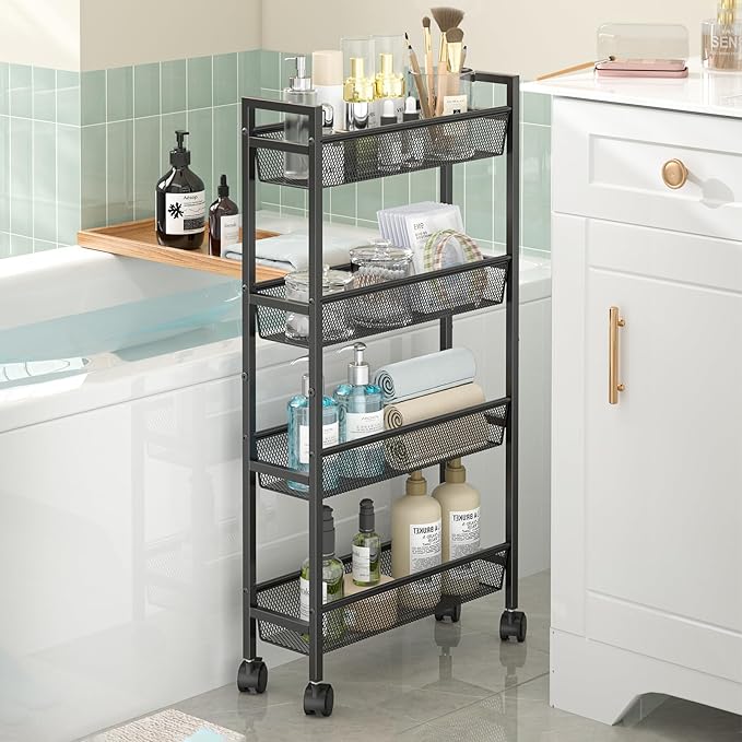 Slim Storage Rolling Cart, 4 Tier Narrow Cart with Wheels, Metal Kitchen Carts for Small Spaces, Slide Out Storage Shelves Mobile Shelving Unit for Kitchen, Laundry Room, Bathroom, Living Room, 6in(W)