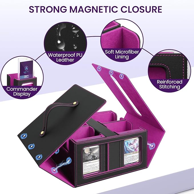 Card Deck Box for MTG with Commander Display, 5 in 1 Card Storage Box Fits 400+ Double-sleeved Cards, Deck Case for TCG Sports Cards with Dividers, Dice Tray, Magnetic Card Holders, Black Purple
