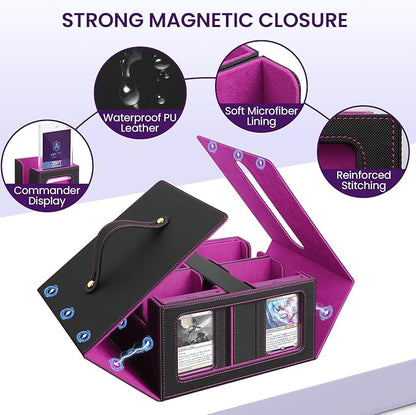 Card Deck Box for MTG with Commander Display, 5 in 1 Card Storage Box Fits 400+ Double-sleeved Cards, Deck Case for TCG Sports Cards with Dividers, Dice Tray, Magnetic Card Holders, Black Purple