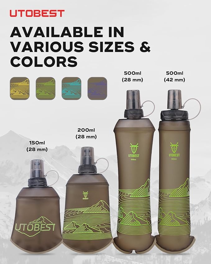 UTOBEST 500ml Soft Flask, 2 Pack Flexible TPU Hydration Water Bottle, Collapsible with 42mm Caliber for Running, Hiking, Cycling, Climbing, and Marathon Green