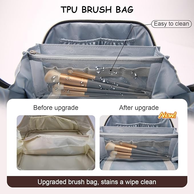 Travel Makeup Bag for Women: Large Capacity Open Flat Make up Bag Set of 3 - Vegan Leather Cosmetic Bag with Compartments - Waterproof Toiletry Bag with Handle & Divider(Brown)