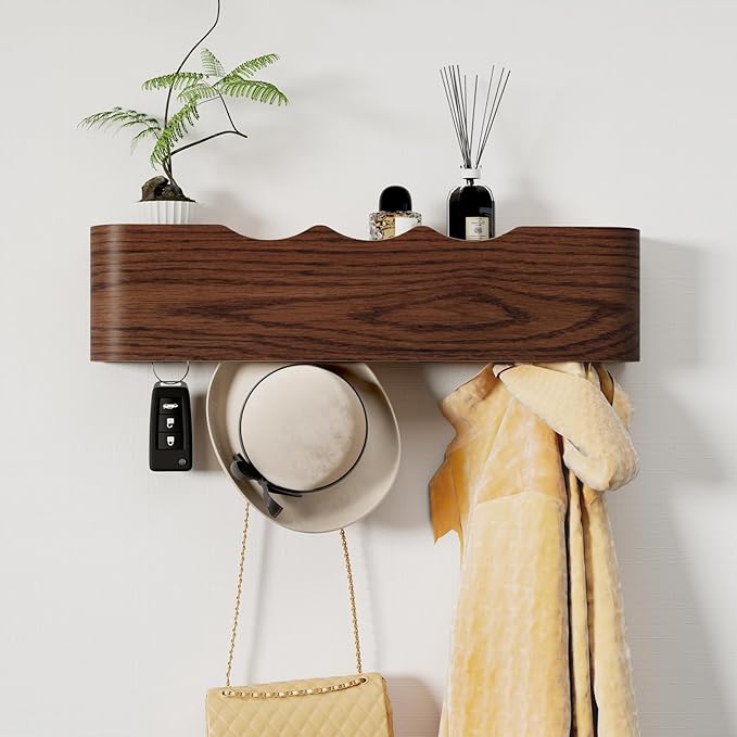 Coat Rack Wall Mount with Shelf 4 Hidden Hooks Modern Wooden Key Holder Entryway Organizer for Hallway Bedroom Bathroom Home Decor Storage for Hanging Coats Hats Bags Towels, Wave-Shape Walnut