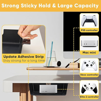 2 Pack Under Desk Hanging Shelf Drawer Organizer, Attachable Plastic Hidden Storage Tray, Easy Adhesive Mount Holder for Standing Tables, Office, Counters, Cabinets, Workstations - Black