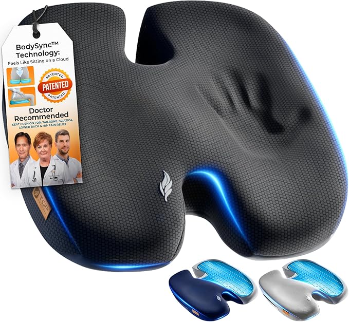 Seat Cushion, BodySync™ Technology with Non-Slip Gel & Memory Foam for Tailbone, Sciatica & Back Pain Relief, Office Chair Cushion, Car Seat Cushions for Driving (Black)