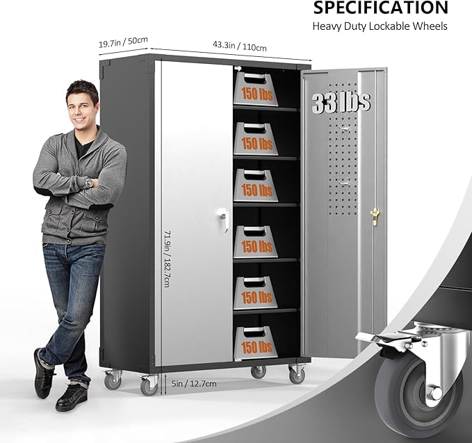 VINGLI Upgraded Wide & Deep Garage Storage Cabinet, Metal Storage Cabinet with Pegboards, Wheels, Locking Doors and Adjustable Shelves (Black & Silver, 43''W x 20''D x 72''H)