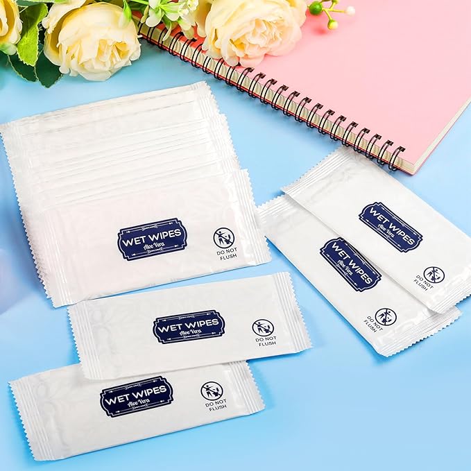100 Pcs Wet Wipes Individually Wrapped, Aloe Vera Hand Wipe, Disposable Skin Cleansing Wipes, Travel Size Wipes Bulk for Hands, Butt, Daily Use, Restaurant, Barbecue (100 PCS)