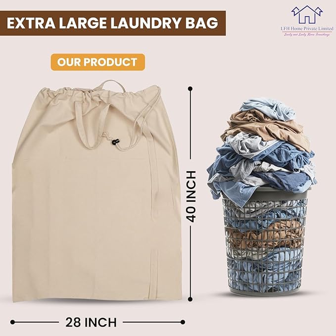 LFH Home Large Premium 100% Cotton Canvas Laundry Bag with Drawstring and Handles Heavy Duty, Multi-Use, and Washable for Home, Travel, College or Storage 28x40 (Pack of 2)-Natural