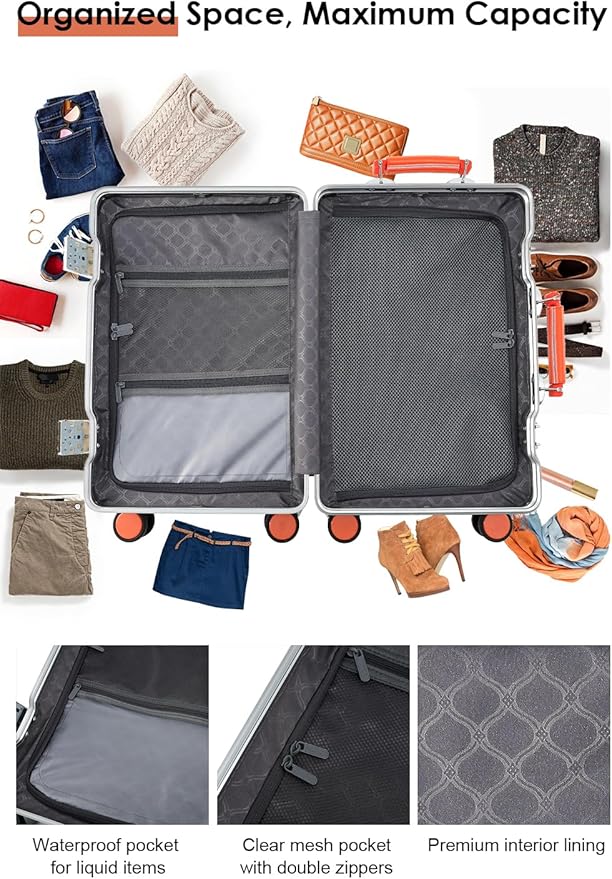 HotWay 26 Inch Hardside Checked Luggage with Leather Handle, PC Zipperless Suitcase with Spinner Wheels and TSA Locks, Lightweight Checked Luggage for Travel, Silver