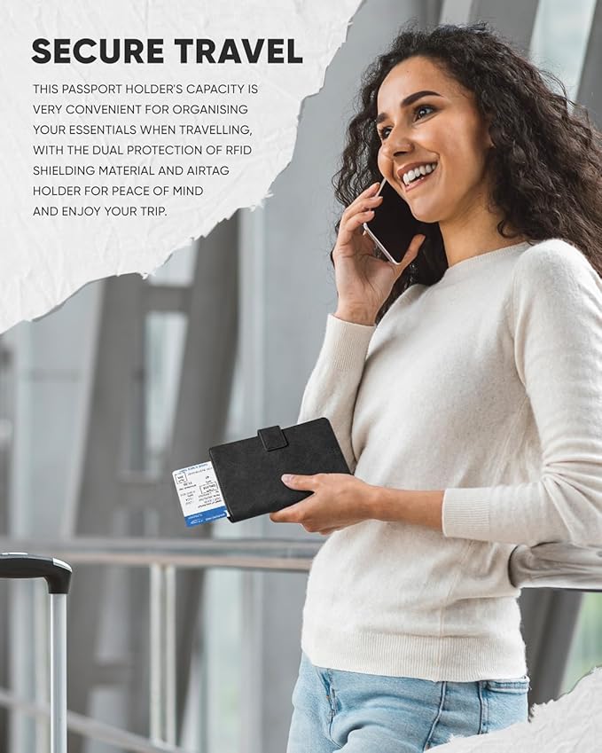 VULKIT Passport Holder with Airtag Holder RFID Blocking Passport Wallet Travel Leather Passport for Women(Dark Grey)
