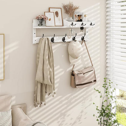 Homode Coat Rack Wall Mount with Hooks and Mail Holder, Entryway Floating Shelf with Key Hooks, Hanging Coat Hanger for Entry, Bathroom, Hallway, Bedroom, White