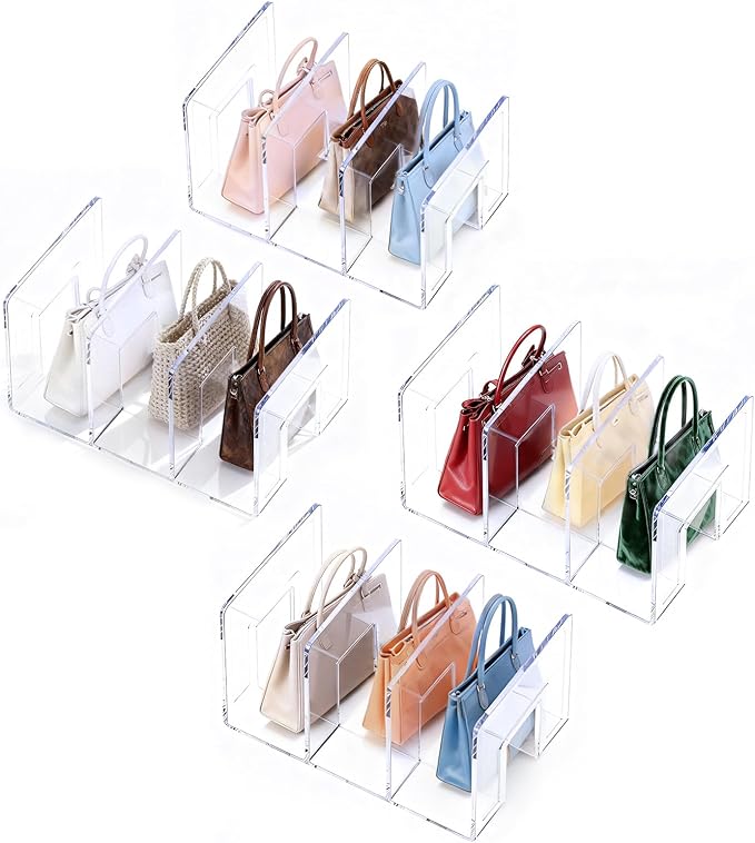 LUGUNU Clear Acrylic Purse Organizer - 3-Section Divider for Handbag Closet Storage - Durable Rack for Purses, Clutches More (Set of 4)