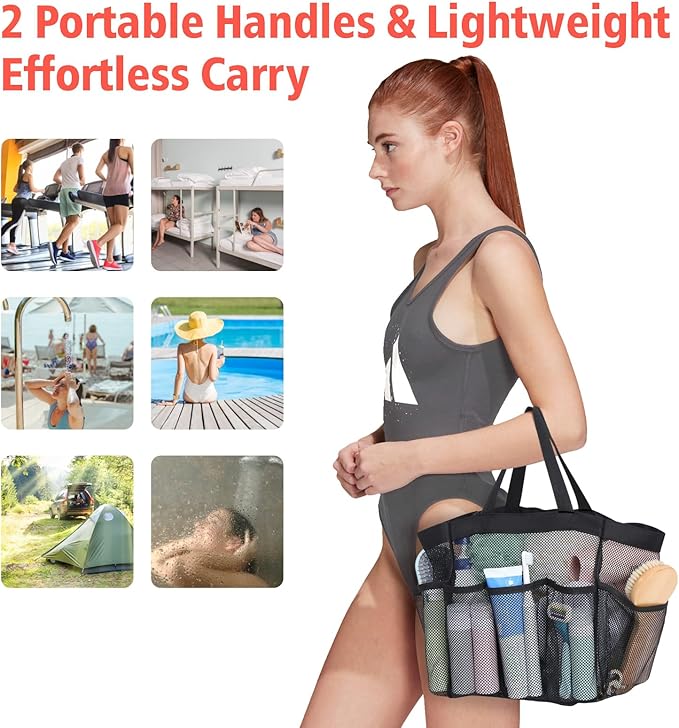 F-color Mesh Shower Caddy Portable - 2 Handles Upgrade Deeper 7 Pockets Basket Bag Tote for College Dorm Room Toiletry Bathroom Essentials Gym Camp Quick Dry with S Hook, 2 Pack, Black & Leopard