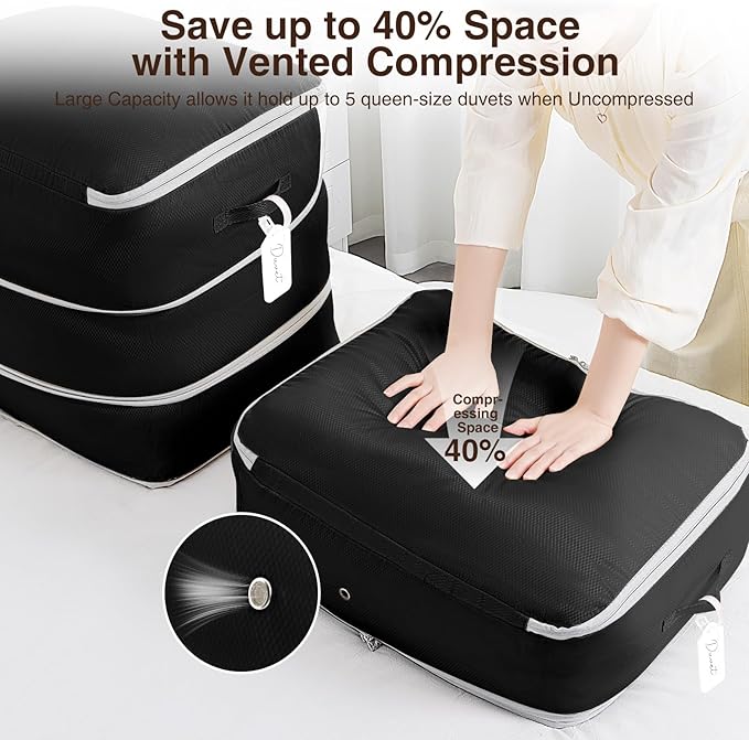 4 Pack Compression Storage Bags - 110L Large Capacity Comforter Storage Bag, 3-Layer Washable Ultra Space Saving Self Compression Organizer Space Bags for Blanket, Sweater, Sheet, Black
