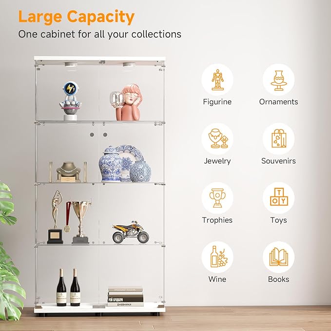 Tempered Glass Display Cabinet with Lights, 4-Tier Curio Cabinet with Glass Doors and Lock, Glass Display Case for Collectibles, for Living Room, Bedroom, Office, Double Door, White