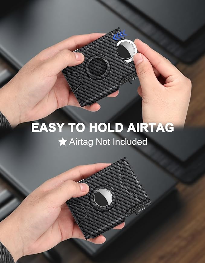 Airtag Wallet for Men, Minimalist Slim Mens Wallet Smart Pop Up Credit Card Holder for 9-13 Cards, RFID Blocking Wallet with ID Window & Cash Slot, Compact Bifold Metal Aluminum Card Case