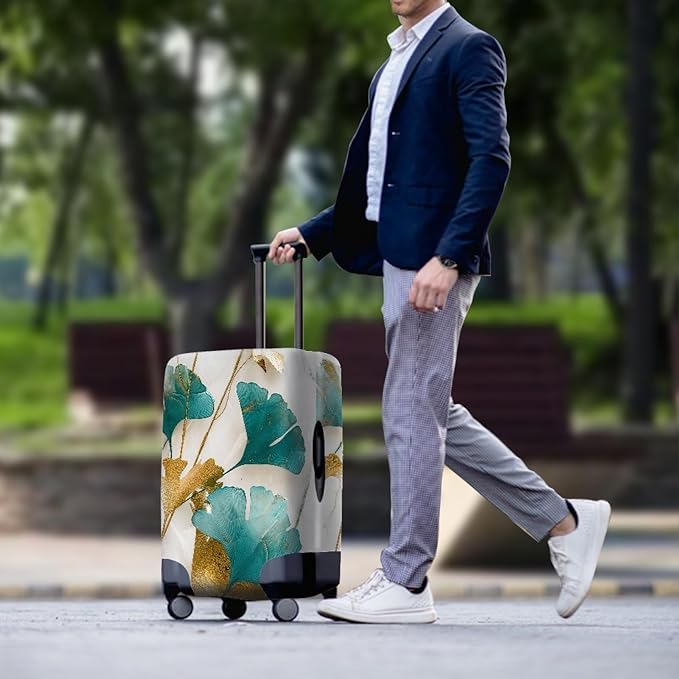 Gold Ginkgo Biloba Leaf Travel Luggage Cover Elastic Baggage Protector for Women Girls,Fits 18-21 Inch Washable Suitcase Covers