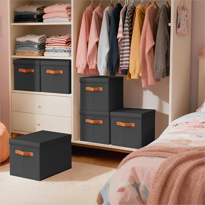 Storage Bins with Lids - Large Fabric Closet Bins with Lid, 8 Pack Clothes Organizers and Storage, Collapsible Stackable Cube Basket for Home, Office, Dorm, Black