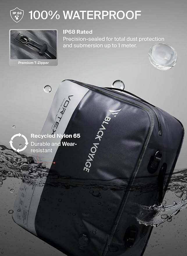 Black Voyage Reusable Vacuum Compression Travel Bag for Carry-On Suitcase and Backpack, Recycled IP67 Waterproof Space Saver Vacpack (1-Pack, 41L - No Pump)