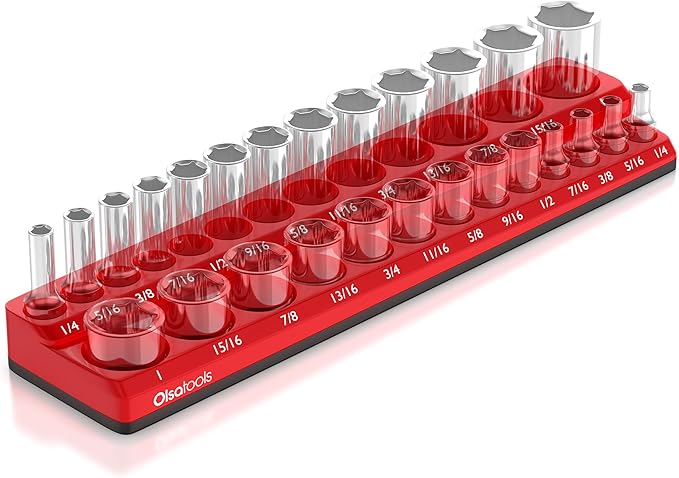 Olsa Tools Magnetic Socket Organizer | 3/8-inch Drive | SAE | RED | Holds 26 Sockets | Professional Quality Tools Organizer