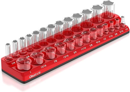 Olsa Tools Magnetic Socket Organizer | 3/8-inch Drive | SAE | RED | Holds 26 Sockets | Professional Quality Tools Organizer