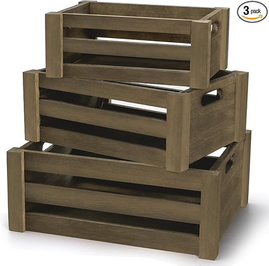 Lawei Set of 3 Wood Nesting Storage Crates with Handle, Rustic Farmhouse Decorative Wooden Crates Distressed Crates Storage Container for Display, Large Vintage Wood Decor Crates Wooden Baskets