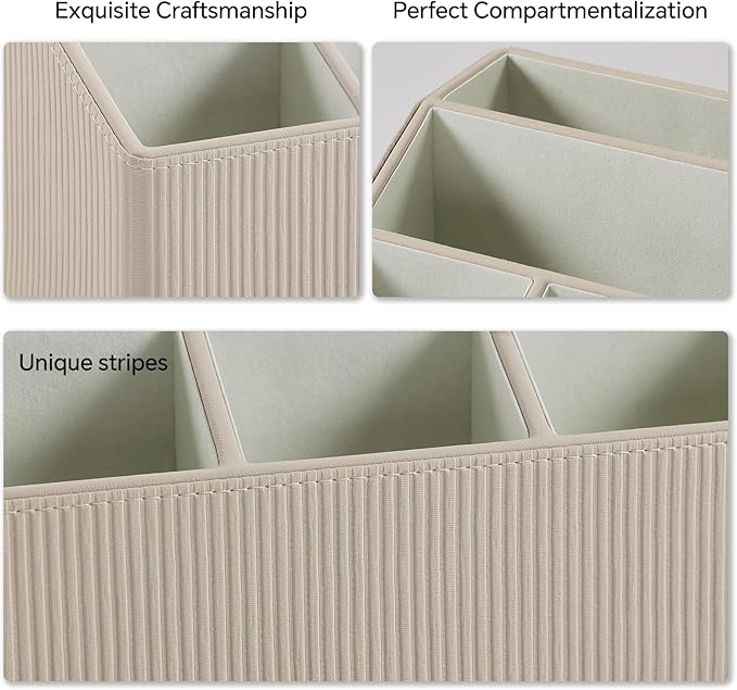 Remote Control Holder with 5 Compartments for Office Art Supplies, PU Leather Nightstand Organizer Pencil Pen Desk Caddy for Home, Desktop TV Remote Control Organizer Storage (Striped Beige)