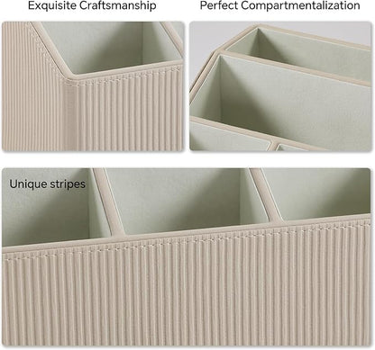 Remote Control Holder with 5 Compartments for Office Art Supplies, PU Leather Nightstand Organizer Pencil Pen Desk Caddy for Home, Desktop TV Remote Control Organizer Storage (Striped Beige)