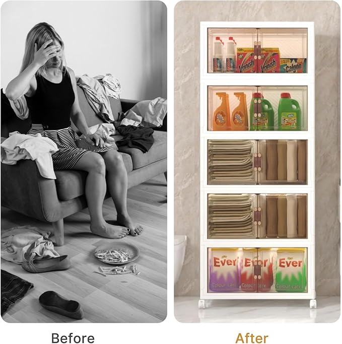 Extra Large Stackable Storage Bins with Lids & Wheels, Foldable Collapsible Closet Organizers Storage Cabinet with Doors for Bedroom Dorm (White, 480QT-120QT/30GAL*4Pack)