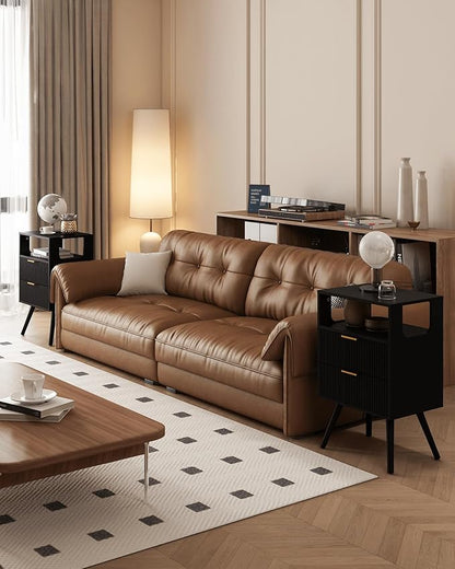 Black Nightstand,Modern Bedside Table with 2 Storage Drawer and Open Wood Shelf, for Bedroom and Small Spaces,Night Stand with Solid Wood Legs