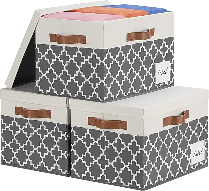 GhvyenntteS Large Fabric Storage Bins with Lids (3 Pack), Foldable Decorative Storage Boxes with Lids and 3 Handles, Sturdy Storage Baskets with Label Window for Home Office (White&Lattice Grey)