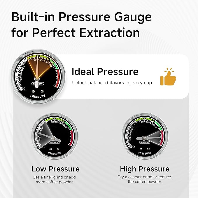 HIBREW H10B - 51mm Espresso Machine - Temperature & Cup Volume Adjustable at will - With Intelligent Display Screen & Pressure Gauge - Stainless Steel Body (Black)