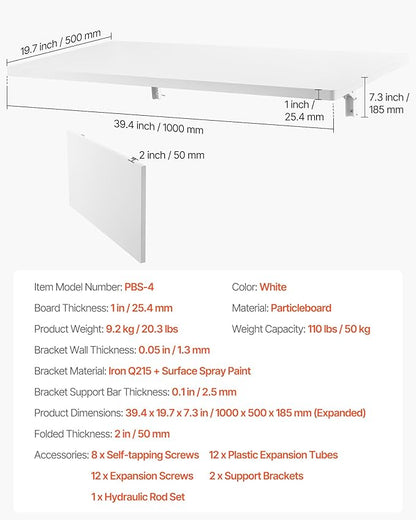 VEVOR Wall Mounted Folding Table, 39.4 x 19.7 inches Wall Mount Table, Floating Desk with Iron Bracket for Small Spaces, Home Office, Dining, Laundry Room, Kitchen, Bar, White