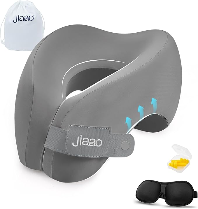 Travel Neck Pillow, Advanced Neck Support for International Flights, 3D Eye Masks, Ear Plugs and Storage Bag, Memory Foam Airplane Pillow for Travel, Sleep Rest, Trains, Road Trips