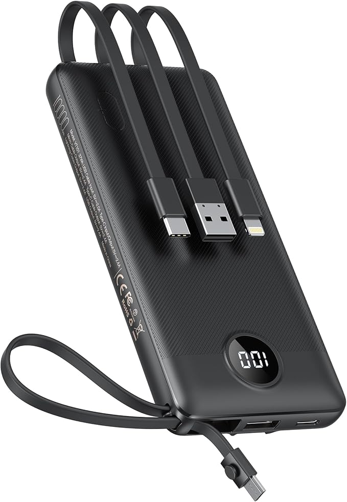 VEEKTOMX Portable Charger with Built-in Cables 10000mAh Power Bank for iPhone Slim Fast Charge USB C Battery Pack Travel Essentials Powerbank Compatible with iPhone, Samsung, Android, etc