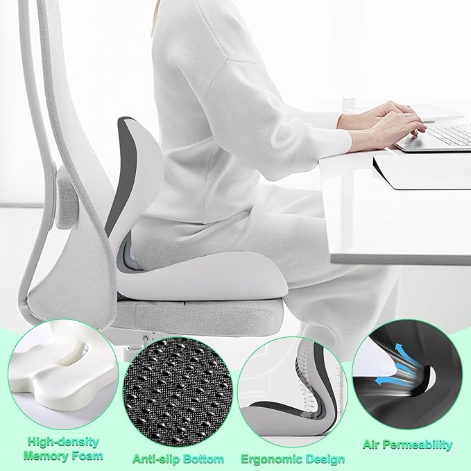 Buttocks Cushion for Office Chair Memory Foam Seat Pad for Butt Support Tailbone Relief Ergonomic Chair Cushion for Home Car Travel or Work (Off White)