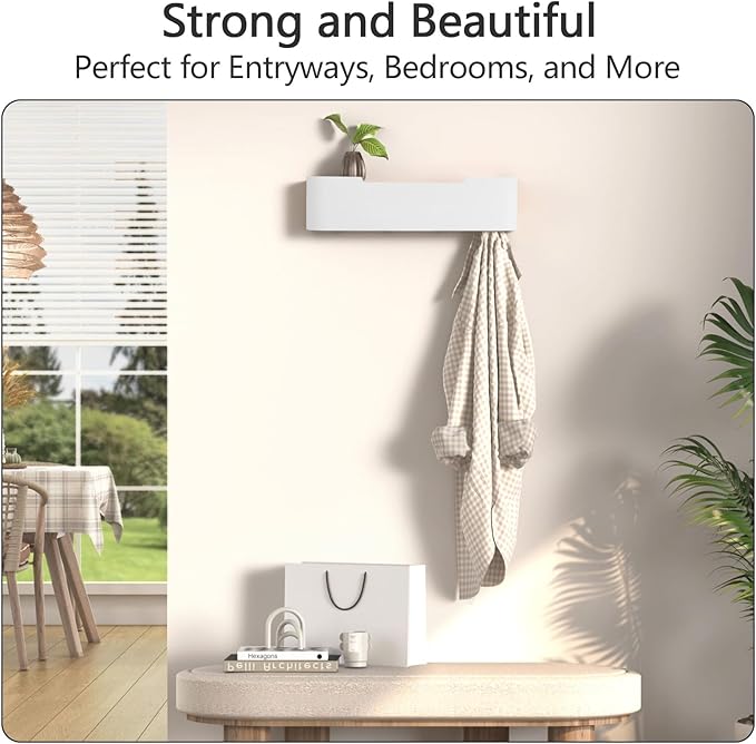 Coat Rack Wall Mount with Hidden Hooks Modern Key Holder Wood Entryway Hook with Shelf for Bedroom Kitchen Hallway Bathroom Designed for Hanging Coats Hats Bags Towels Dog Leashe(White,4 Hooks)