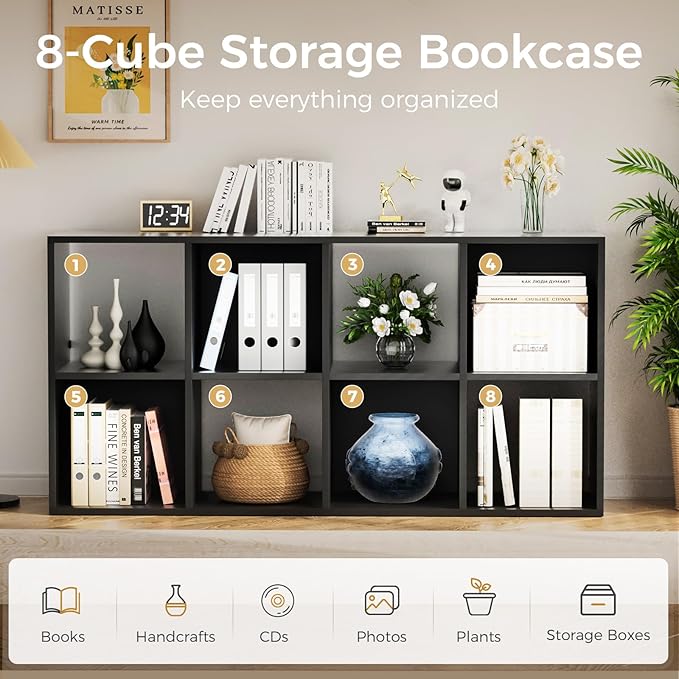 COMHOMA 8 Wood Cube Storage Organizer with Open Back and Removable Back Panels, 11In Black Cube Storage Bookshelf, Cubicle Shelf Bookcase for Home Office Bedroom Living Room, Vertical or Horizontal