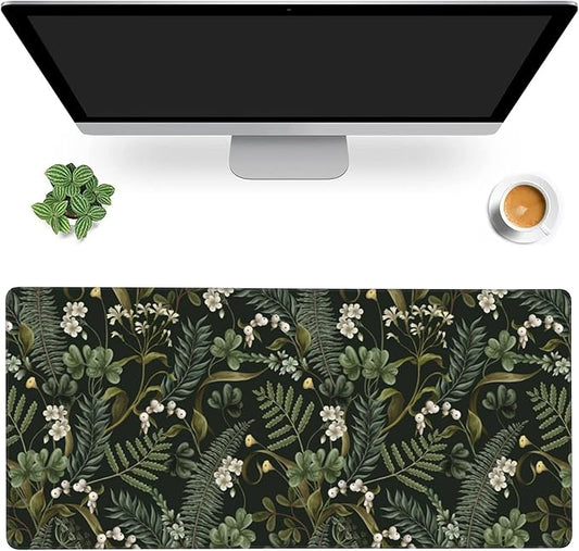 Desk Mat,White Flowers and Fern Gaming Mouse Pad,XXL Extended Mouse Pad Mat for Office,Computer,Keyboard with Non-Slip Base Stitched Eges Mousepad 35.4x15.75 inch