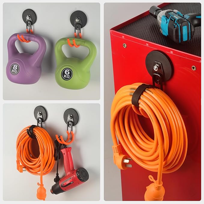 MUTUACTOR New Updated Heavy Duty Magnetic Hooks,40lbs 2-Pack Super Strong Magnetic Hooks for Hanging,Anti-Scratch Garage Magnets J-Hook for Organizing Heavy Impact Drivers Trailer Cord Garden Tools