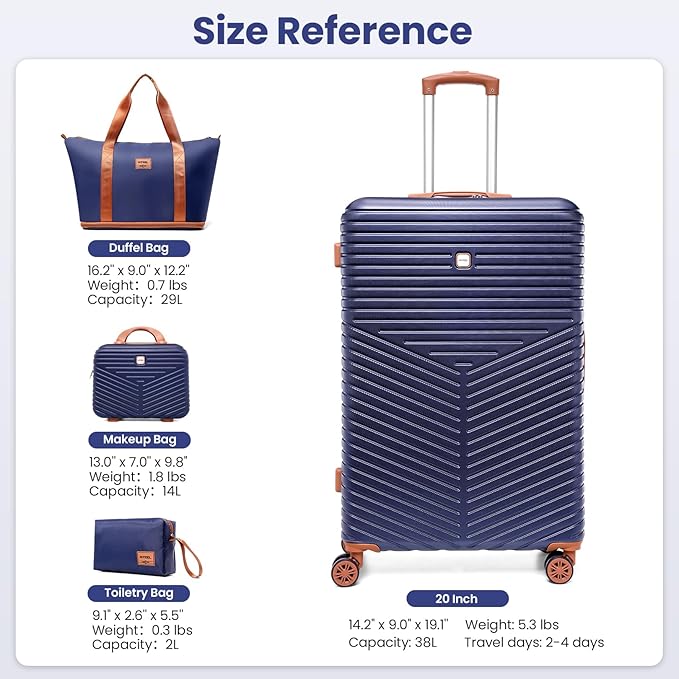 Hoteel 4 Piece Luggage Set (4-YEAR WARRANTY) Carry on ABS+PC Hard Shell Suitcase with Spinner Wheels & TSA Lock (Dark Blue)