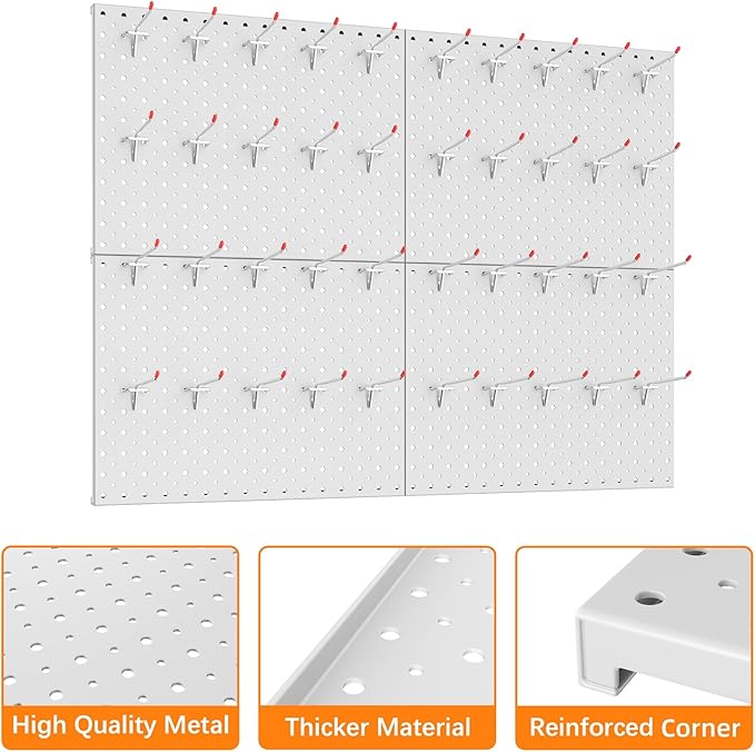 TORACK Metal Pegboard Panels and Hooks for Garage, Workbench, Shop, Shed Tool Organizer Peg Board with 1/8" & 1/4" Holes, Modular Wall-Mounted Pegboard with Pegboard Hooks(Light-Grey)