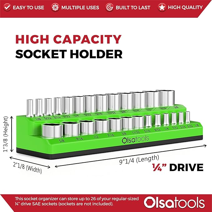 Olsa Tools Magnetic Socket Organizer | 1/4-inch Drive | SAE | Green | Holds 26 Sockets | Professional Quality Tools Organizer